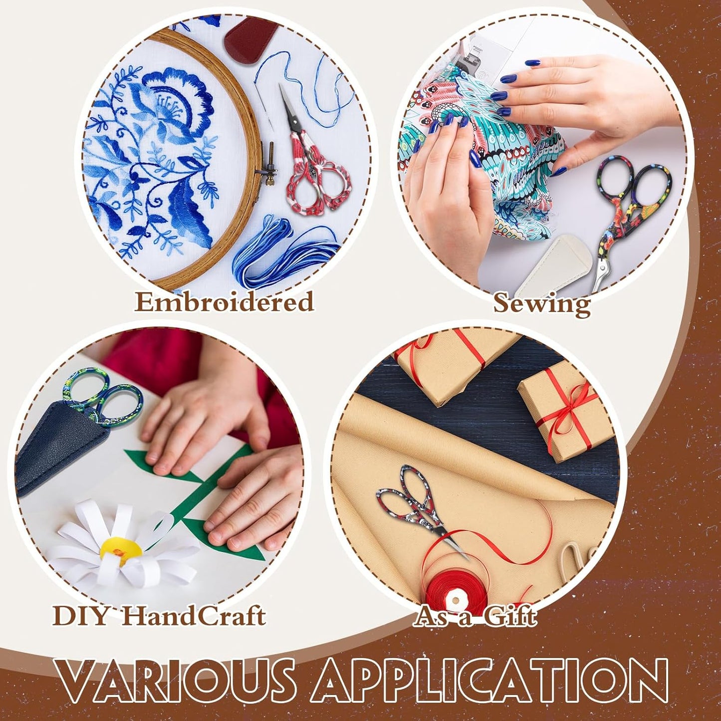 Zhehao 4 Pcs Sewing Embroidery Scissors with Artificial Leather Cover Sewing Stainless Vintage Embroidery Scissors for DIY Needlework Art Manual Handicraft (Delicate)