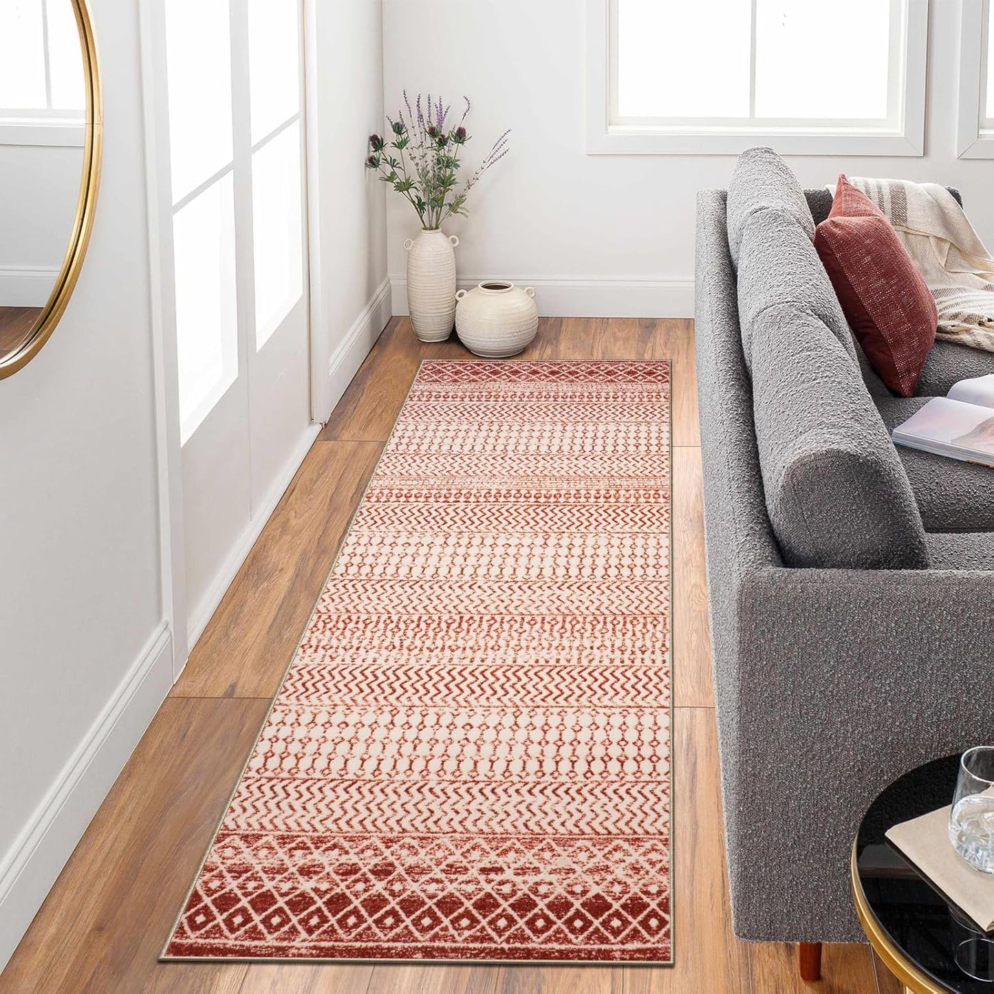 Moroccan Rug Runner 2x6, Terracotta Non Slip Washable Bathroom Rug Runners, Soft Low Pile Tribal Geometric Hallway Runner Rugs for Bedroom Kitchen Laundry Living Room