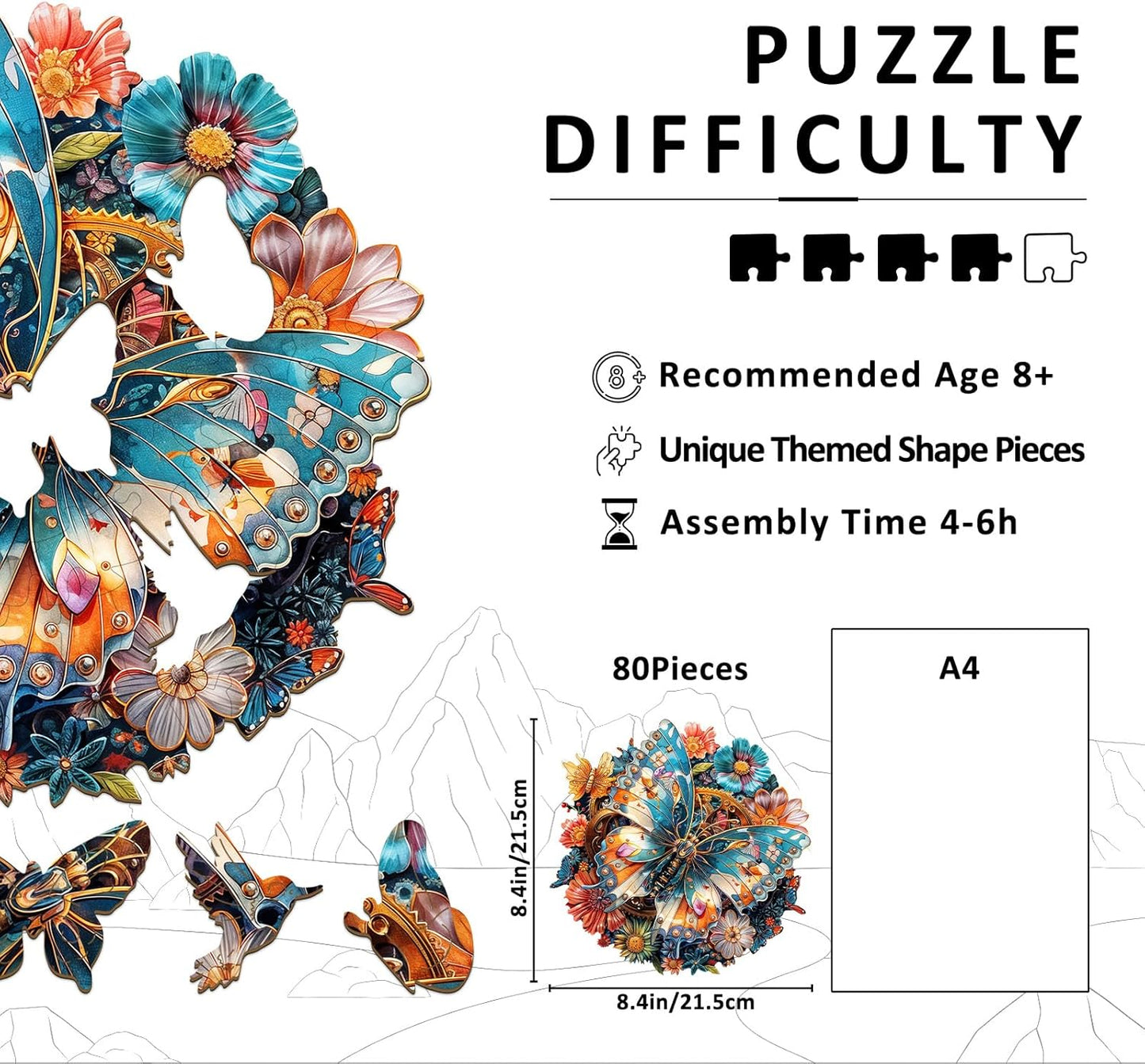 Wooden Puzzles for Adults - Mechanical Butterfly Wood Puzzles Adult - Unique Animal Shape Wooden Jigsaw Puzzles for Adults - Birthday Gifts for Puzzle Lovers, Family (8.4 * 8.4in)