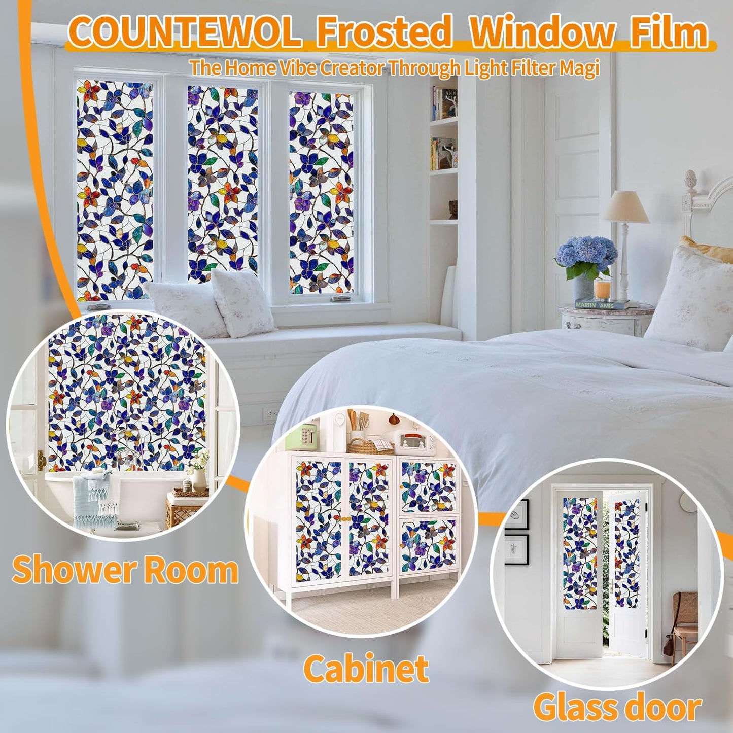 Window Privacy Film Stain Glass Window Film Rainbow Window Film Window clings Non-Adhesive Reusable Decorative for Room (Frosted Stained Leaf, 23.6 x 78.7 in)