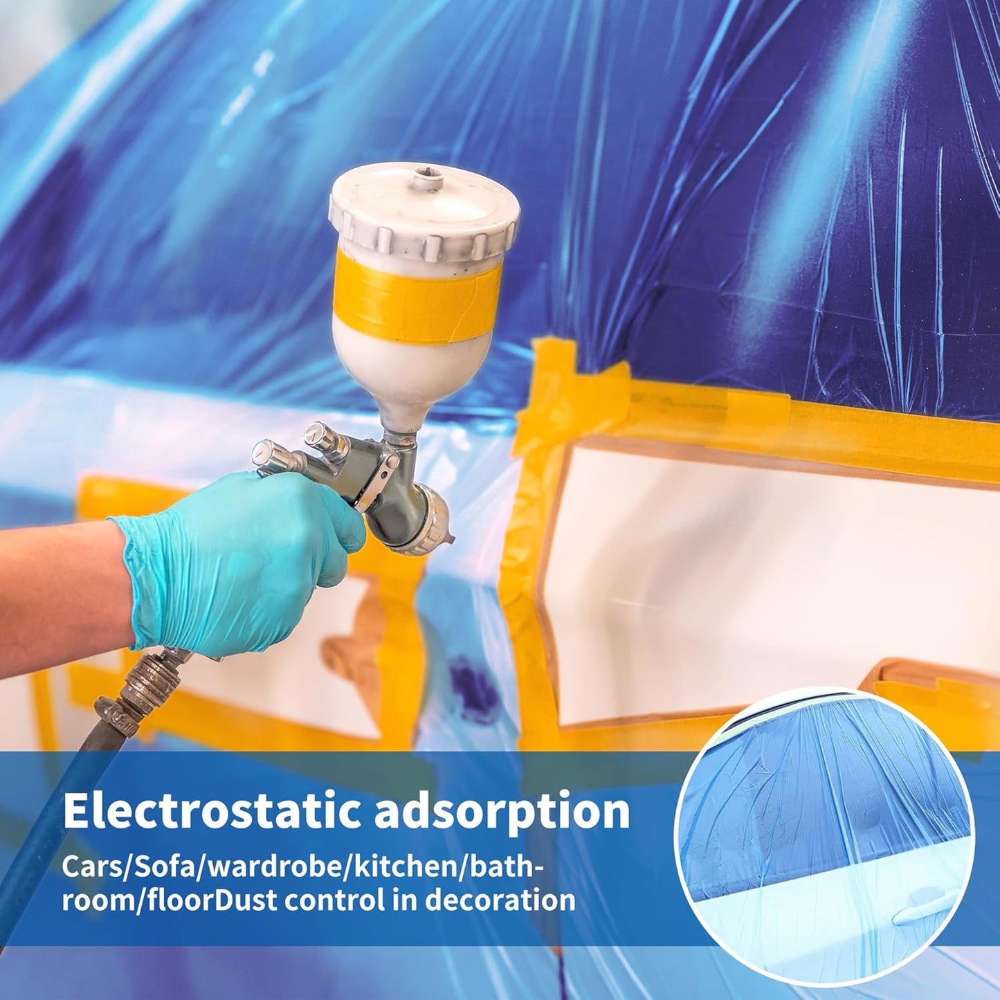 Pre-Taped Automotive Masking Film 4 Pack 59 in x 65 feet Rolls, Tape and Drape, Painters Plastic Drop Cloth for Automotive Painting Covering, House Decoration Furniture Floor Dustproof Cover