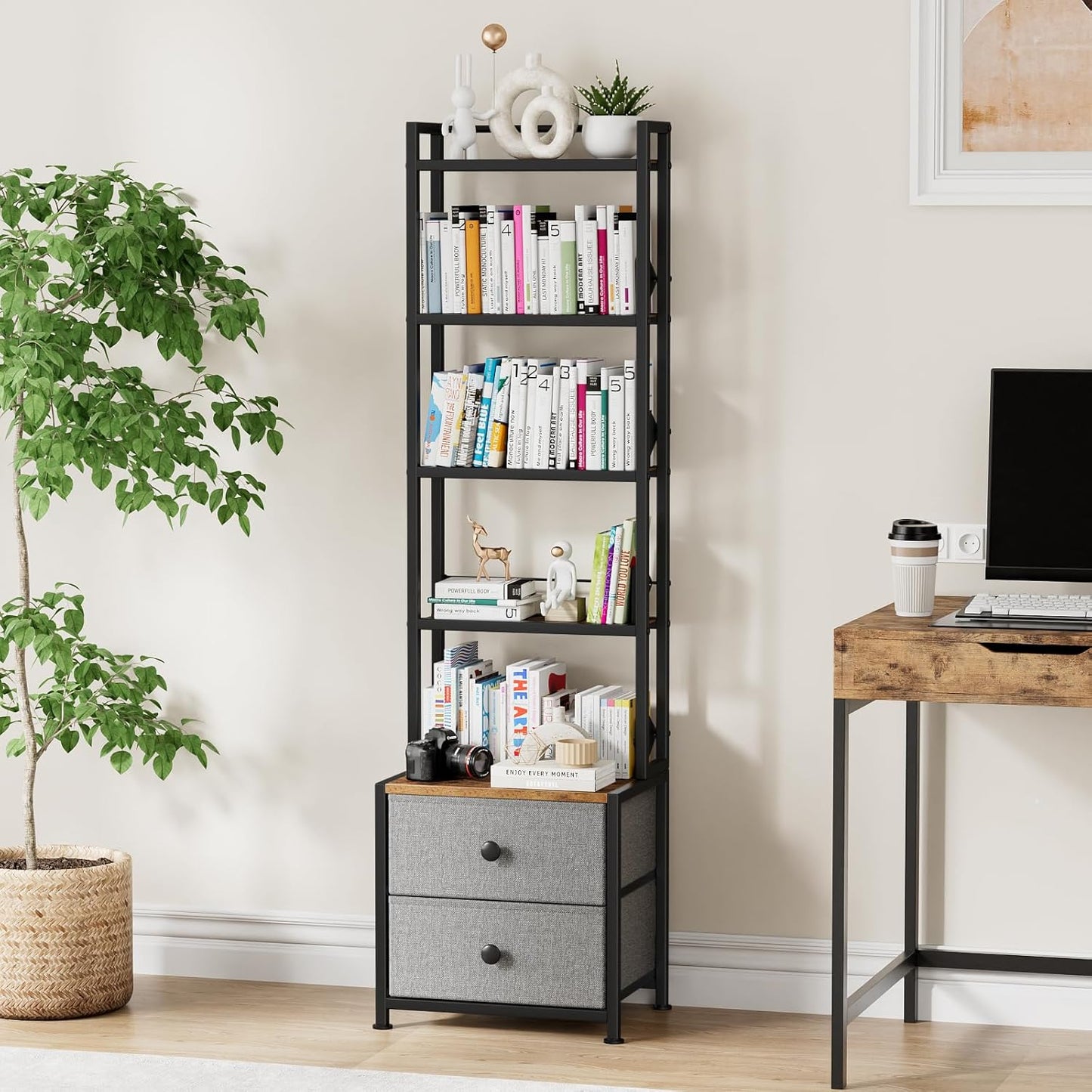 CD Storage Rack with Drawer, 5-Tier DVD Organizer Shelf w/Adjustable Book Stoppers, Media Storage Rack for CD/DVD, Books & Games, Ideal for Living Room & Home Office – 15.7x11.8x56.5Inches