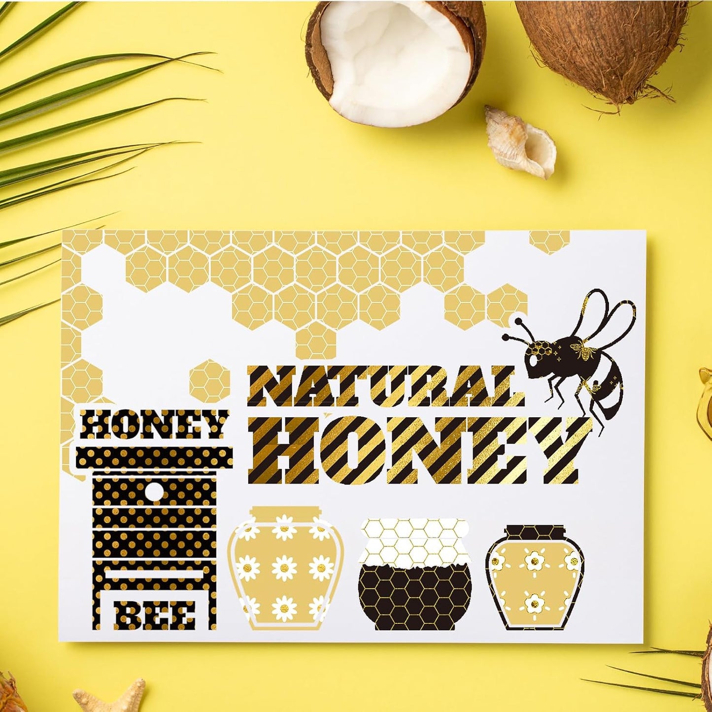 Whaline 12 Rolls Bee Washi Tape Foil Gold Honey Bee Washi Masking Tape 15mm Wide Bumblebee Honeycomb Daisy Print Decorative Adhesive Masking Tape for Scrapbook Gift Wrapping DIY Art Crafts