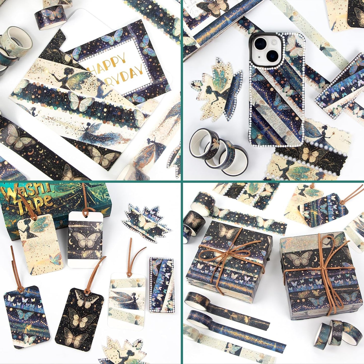 14 Rolls Washi Tape Set - Gold Foil Green Fairy Decorative Masking Tape Butterfly, Fairy, Star, Magic, Adhesive Tape for Bullet Journal,DIY Craft,Scrapbooking Supplies,Gift Wrapping