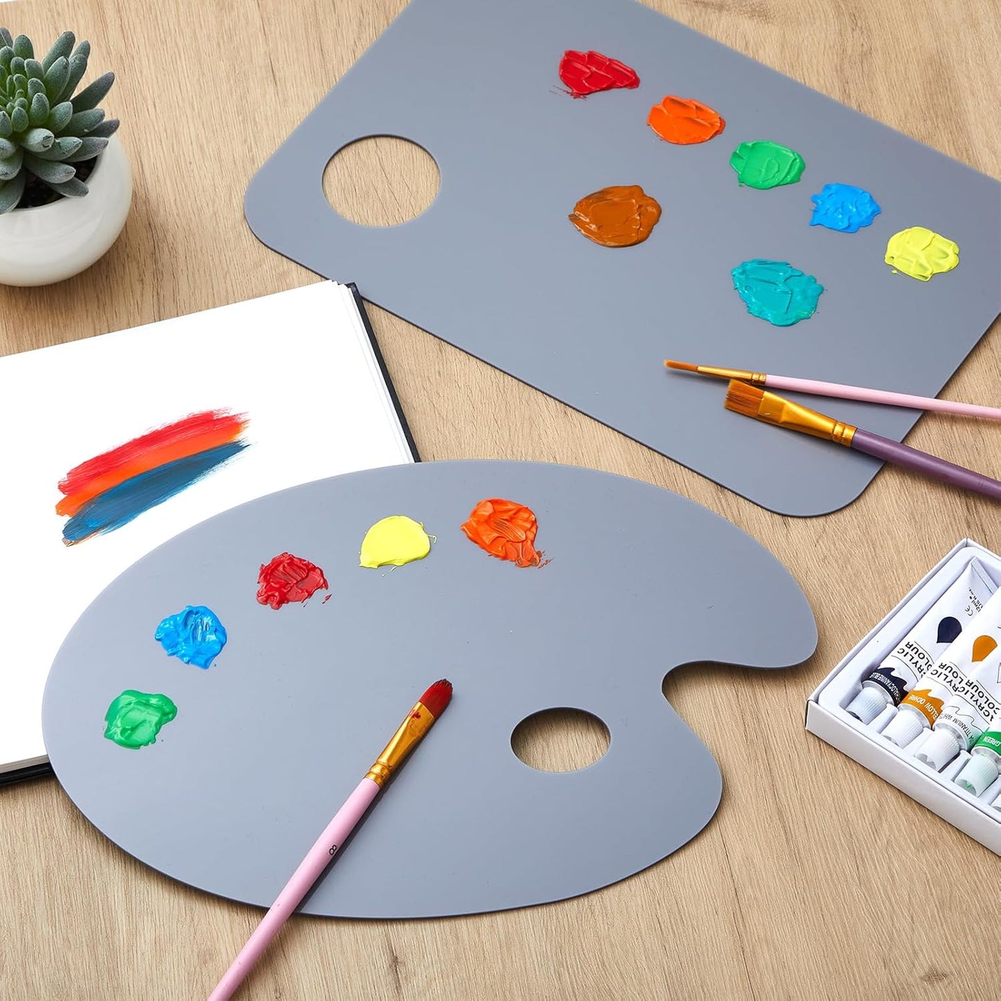 Honoson 2 Pack 11.8 x 7.9 Inch Acrylic Paint Palette with Thumb Hole Clear Paint Pallet, Easy to Clean Non Stick Artist Pallet for Oil Watercolor Craft DIY Painting Palette (Square and Oval)