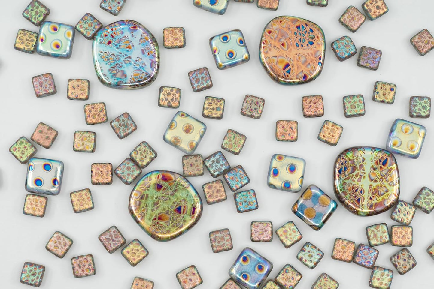 1.75 oz (50g) Mix of Unique Czech Bohemia Glass Pressed Beads, Light Blue AB Sliperit, Patterned, Matte and Glossy, Hand Made BCV