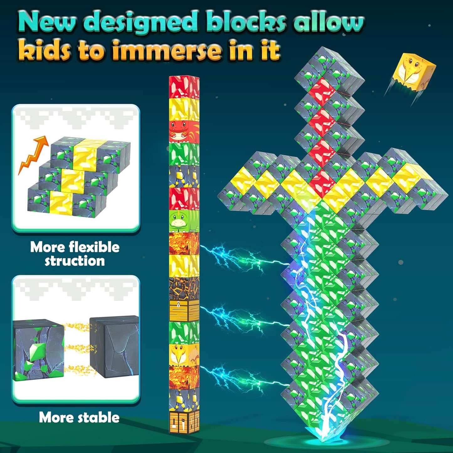 100PCS Magnetic Blocks - Build Mine Magnet World Mine Adventure Set Dinosaur Toys, Creative Jurassic Kids Games for 3-5 5-7 8-12 Boys, Sensory STEM Outdoor Toys for Boys & Girls Birthday Gifts