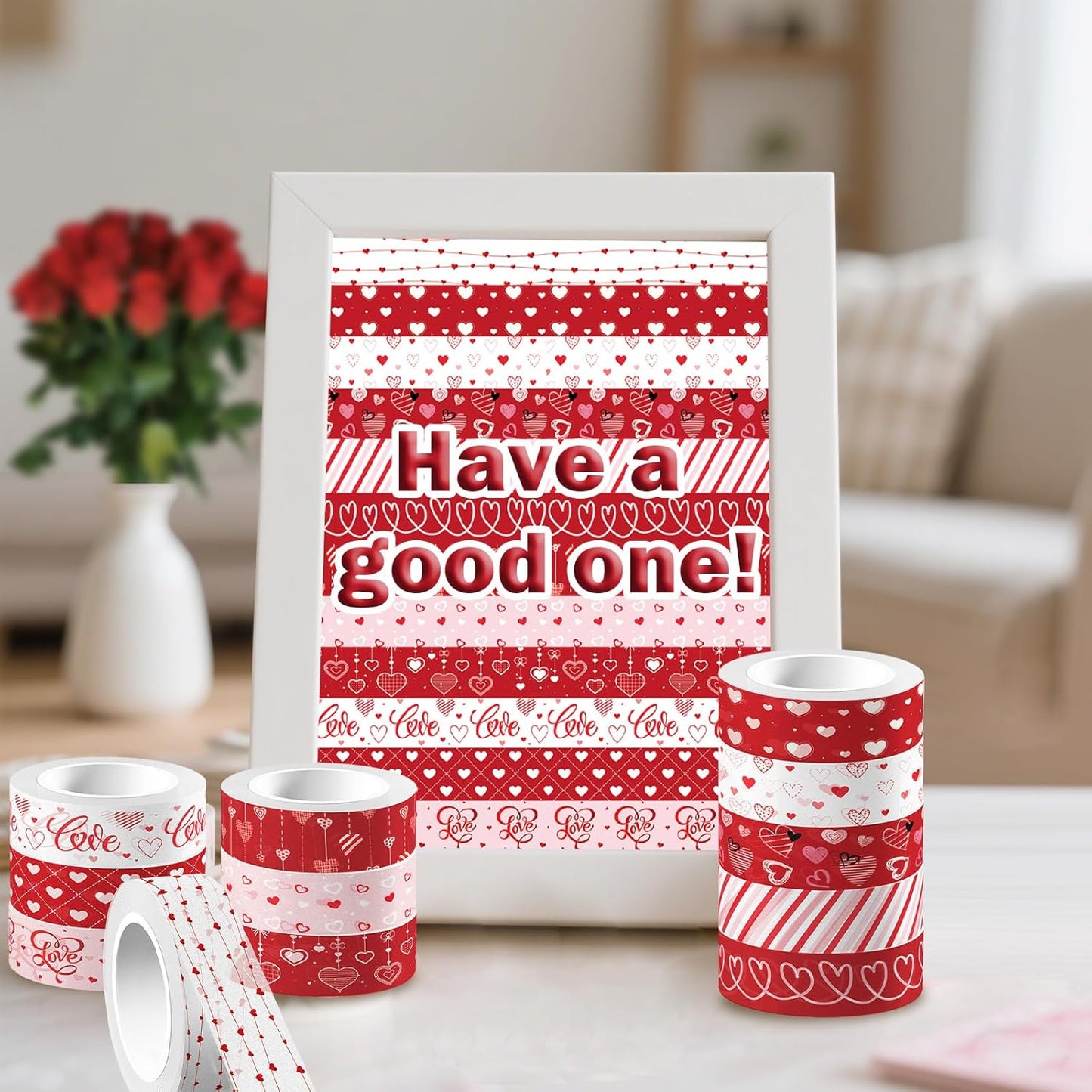 12 Rolls Love Heart Washi Tape Set, Red Stripe Checked Masking Tapes, Red Heart Decorative Tape for Journaling Supplies, Wedding Party, Junk Journal, Scrapbooking, Planner, DIY Arts Crafts 16.4FT