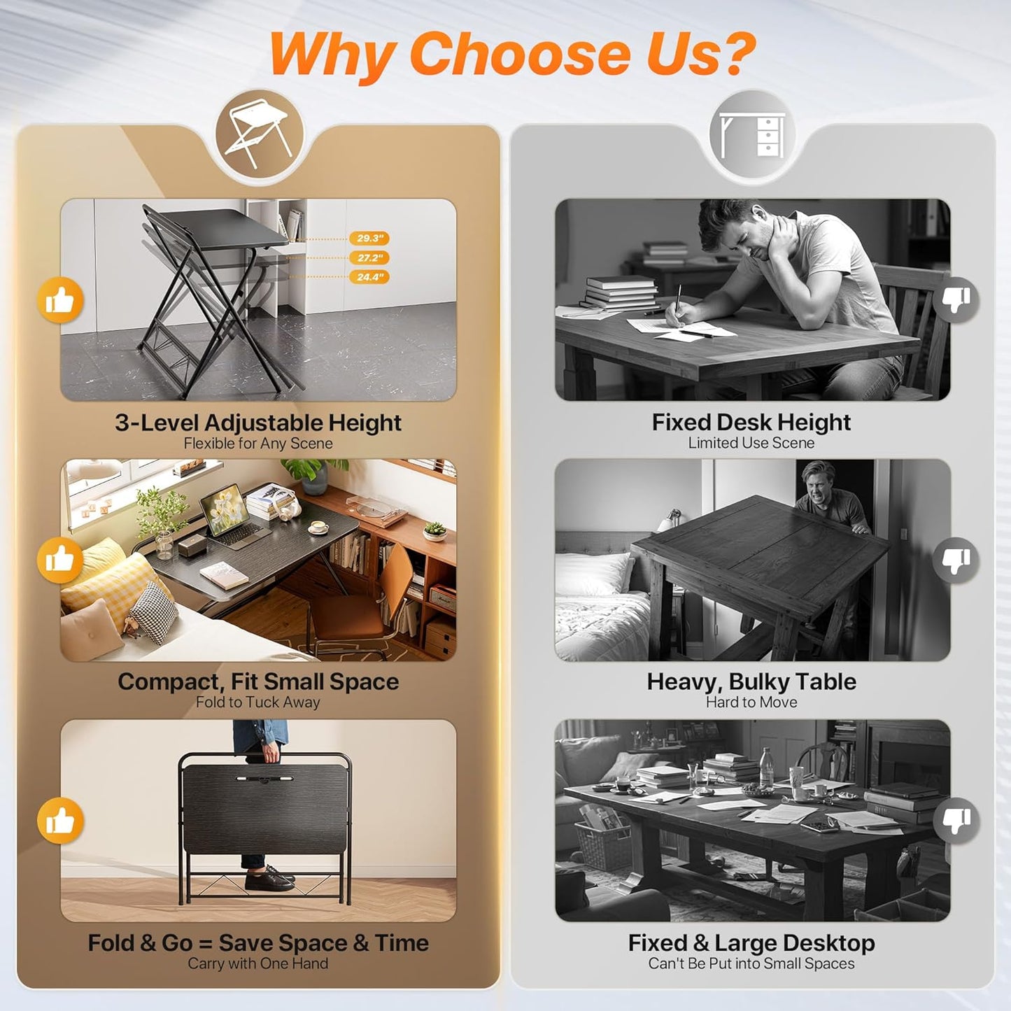 Huuger Folding Desk with 3-Level Adjustable Height and Tablet Slot, 32 Inch Foldable Computer Desk for Small Spaces, Space Saving, Writing Work Table for Home Office, Bedroom, Study, Black