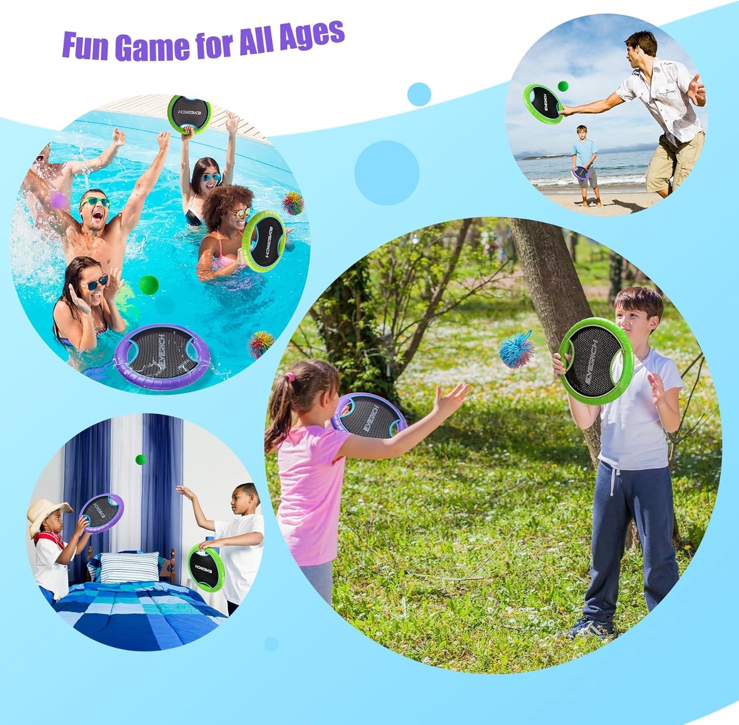 EVERICH TOY Trampoline Paddle Ball Set with 2 Bouncy Paddles & 4 Balls - Soft Foam Design for Kids Play Indoor Outdoor Beach Backyard Lawn - Great Gift Idea for Boys & Girls (Blue & Purple)