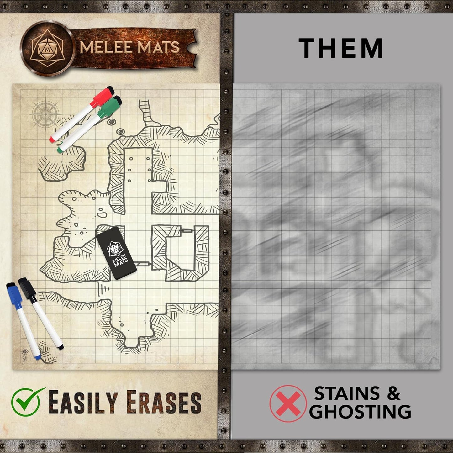 Melee Mats DND Map Starter Kit for Dungeons & Dragons Game - 35” x 48", Wet/Dry Erase Battle Terrain Grid - Ultimate Tabletop Gaming Experience with Accessories