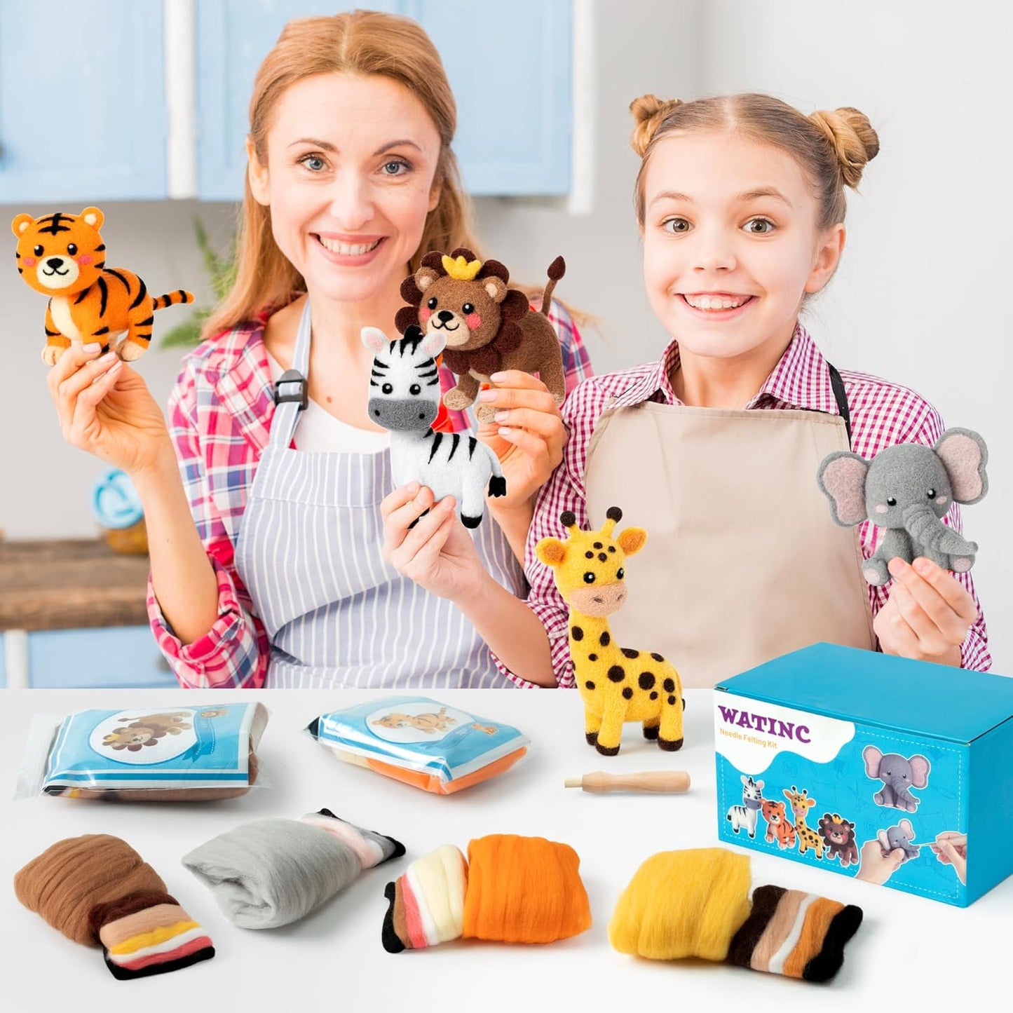 WATINC Needle Felting Kit - 5 Set Unique Different Cute Doll Wool Felt Needle Tools Foam Pad Instruction, DIY Home Decoration Craft Party Supplies for Art Work Starter Beginners (Wild Animal)