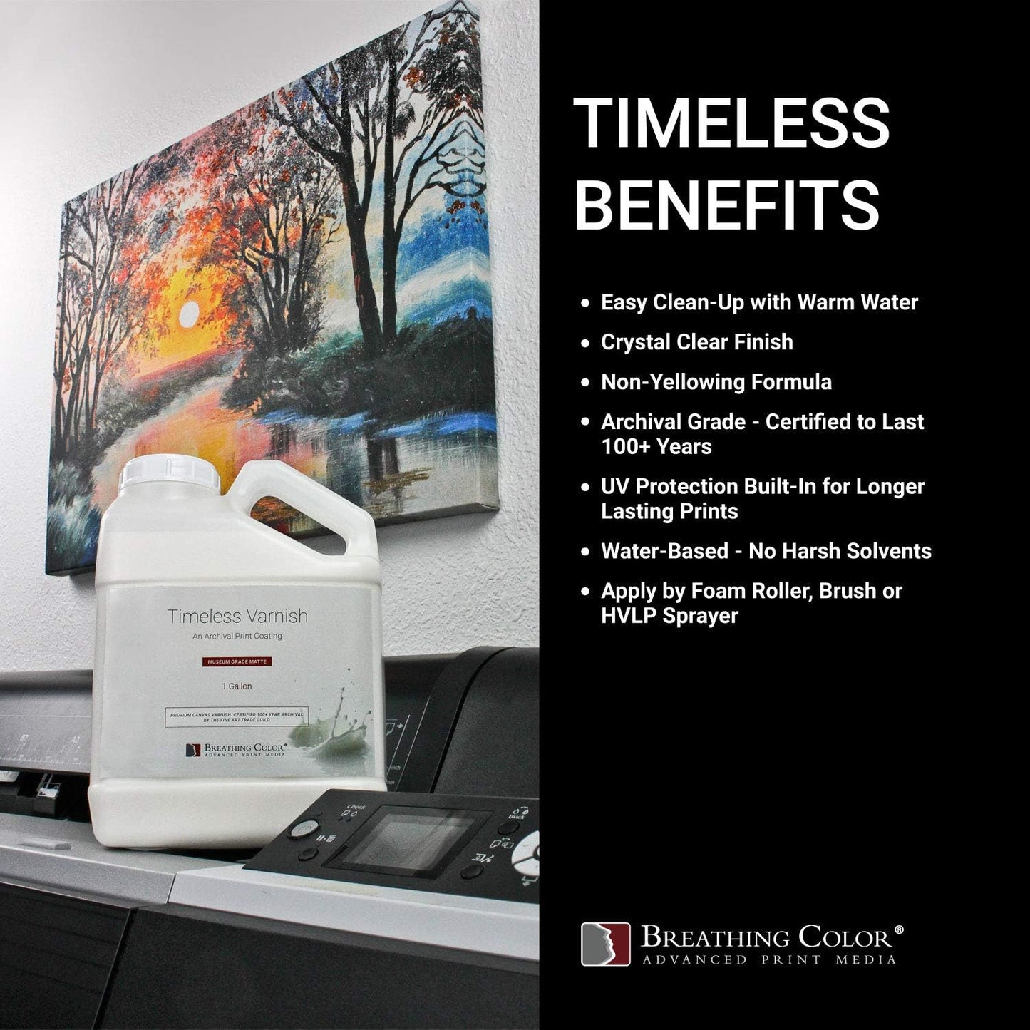 Breathing Color Timeless Archival Print Varnish Kit - 1 Gallon, Glossy Finish, Best Canvas Coating, Certified Archival Quality, Includes Foam Roller, Mixing Cups, and Gloves Bundle