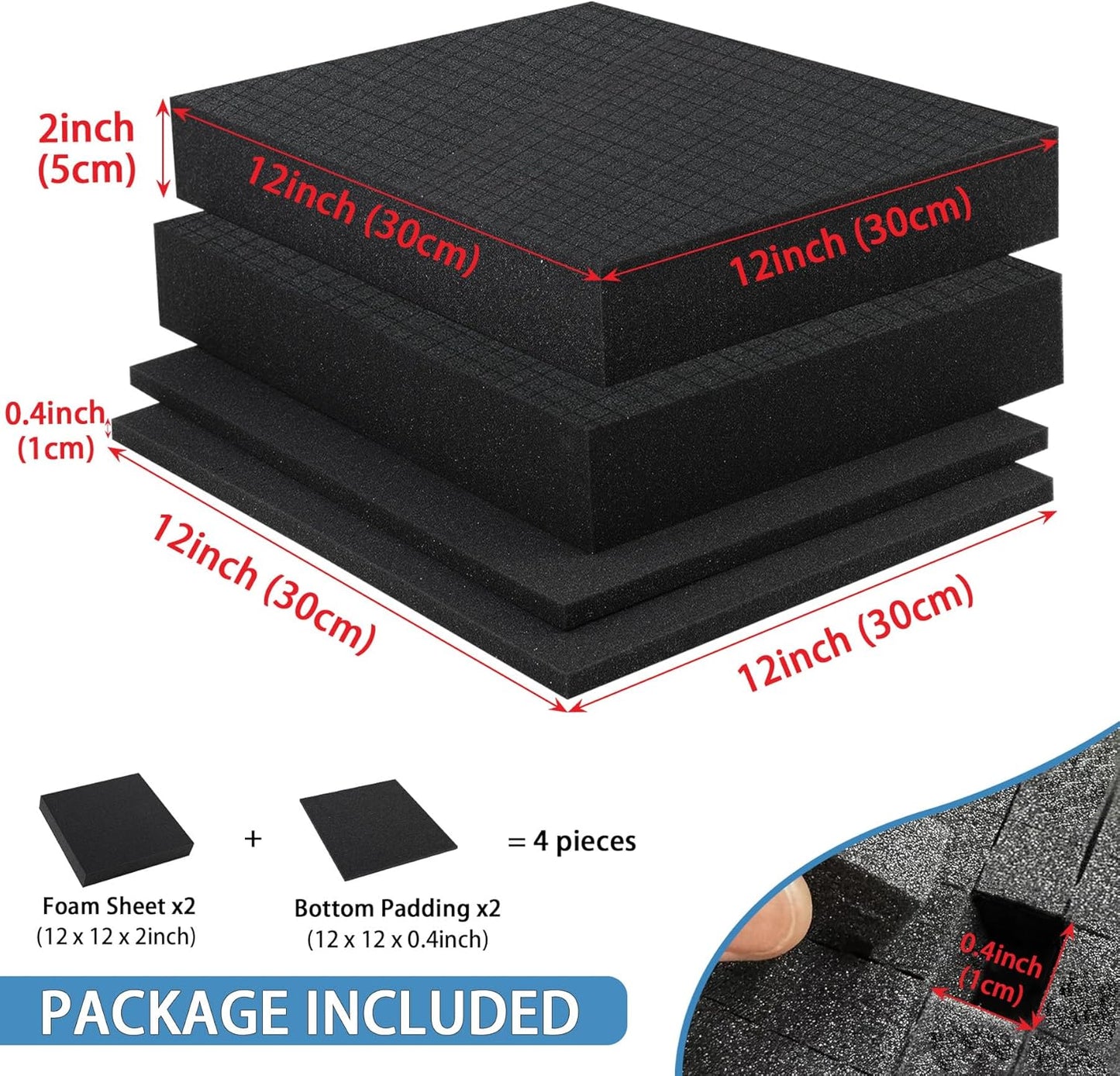 Coengwui Pick and Pluck Foam Inserts, Pre-Cubed Pick Apart Sheets for Crafts Toolbox Game Box Camera Cases Drawer Storage (2Pack 12 x 12 x 2" with 0.4" Bottom Padding)