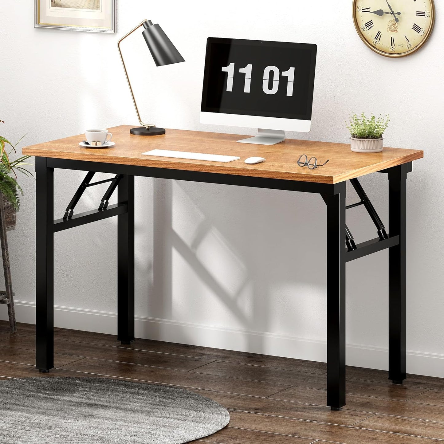 Need Folding Computer Desk - 39.4 Inch Foldable Office Writing Work Study Kids Student Teacher Home Bedroom Table for Small Space, Teak & Black