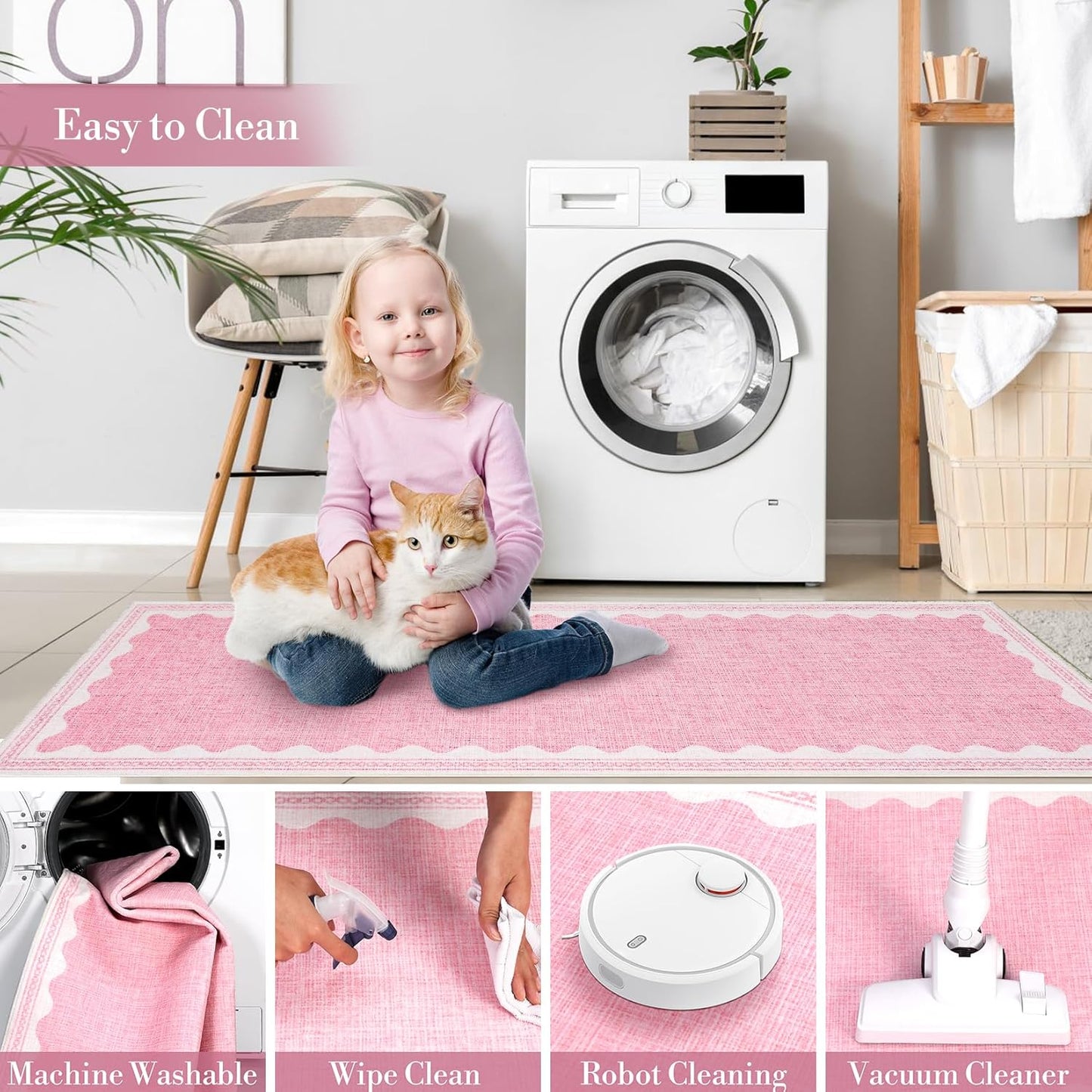 Scalloped Rug 2.5x8 Runners for Hallways, Solid Pink Runner Rugs Non Slip Scalloped Bath Runner, Washable Mat for Bedroom Girls, Rugs for Kitchen Floor Soft Dorm Nursery Carpet for Bedside