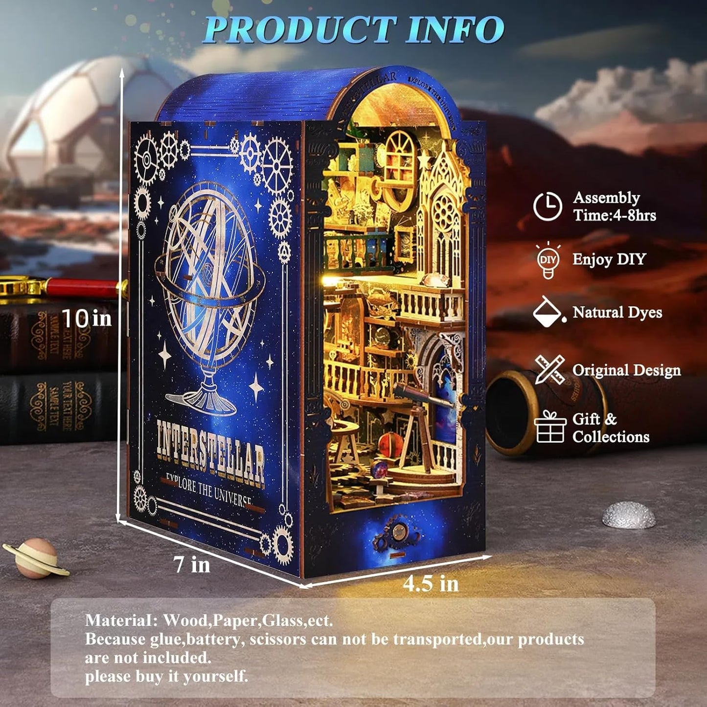 DIY Book Nook Kit Dollhouse Magic Booknook Bookshelf Insert Decor 3D Wooden Puzzle Bookend Miniature Kit with Sensor Light Creative Craft/Home Decoration for Adult (Interstellar Exploration)