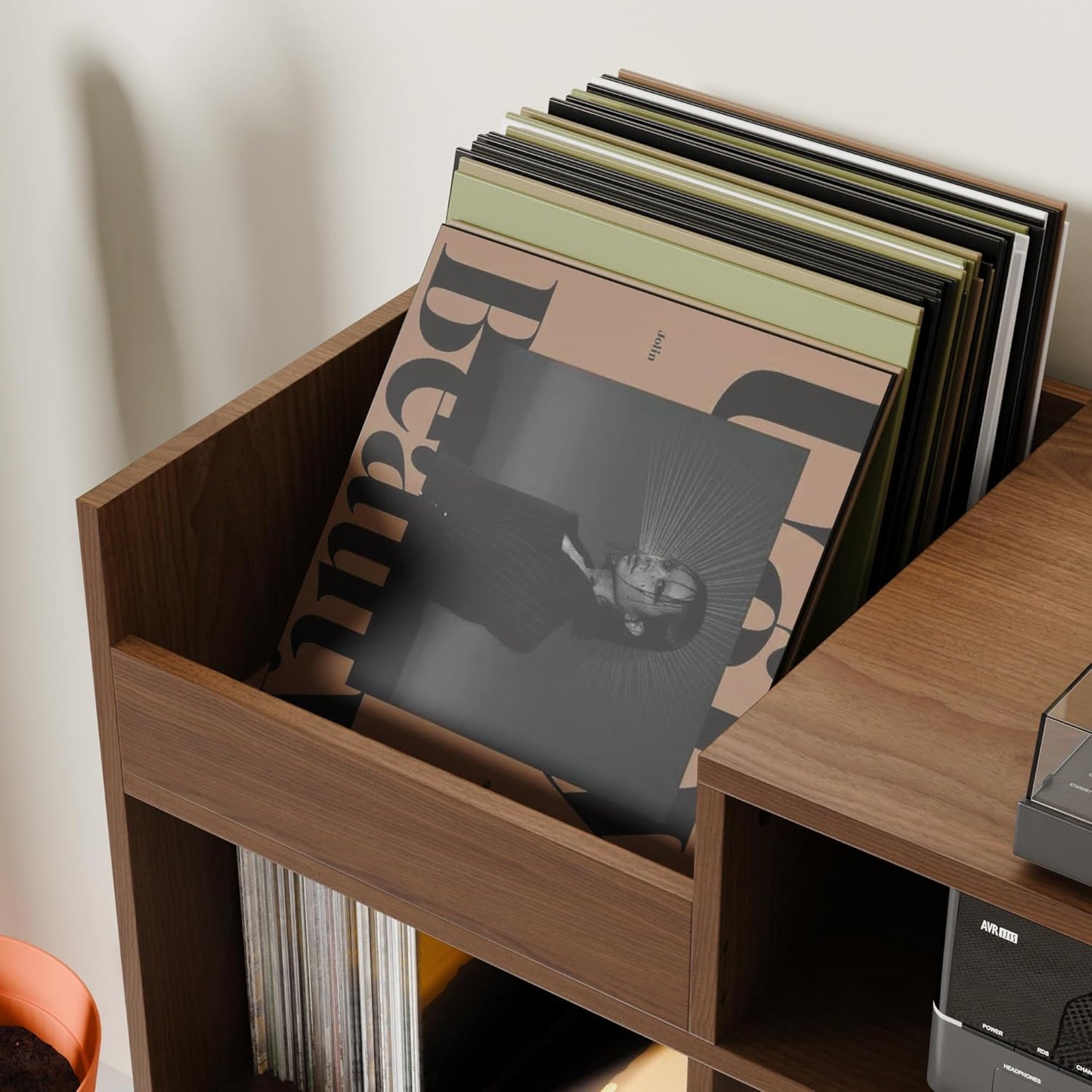 Cozy Castle Large Record Player Stand, Vinyl Storage Cabinet Mid Century Modern Turntable Stand Media Console Table Open Shelf Cube CD Album Holder Organizer for Living Room, Office, Brown