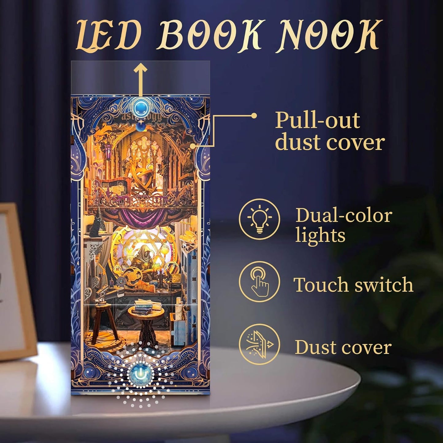 DIY Book Nook Kit, Miniature Dollhouse Booknook Kit, 3D Wooden Puzzle Bookend Bookshelf Insert Decor Diorama Kit with LED Light for Teens and Adults (Star Map Secrets)