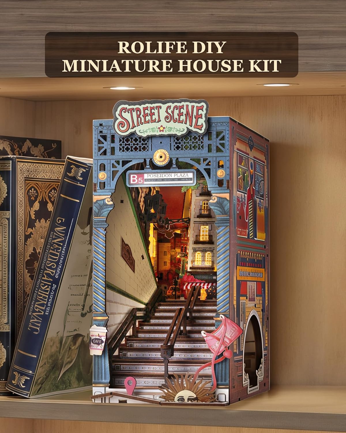 Rolife DIY Book Nook Kits for Adults, Miniature Dollhouse Booknook Kit, 3D Wooden Puzzle Creative Decorative Bookends Bookshelf Diorama Insert Crafts Hobbies Gifts (Street Scene)