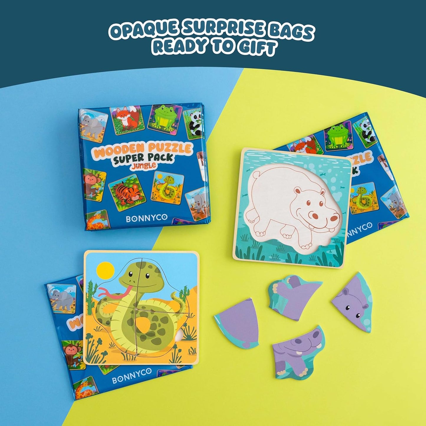 BONNYCO 4 Pieces Wooden Puzzles Pack 16 Party Favors for Kids 1 to 5. Birthday Goodie Bags Stuffers, Valentines Gifts for Toddlers Ideas, School Classroom Prizes and Baby Bulk Toys