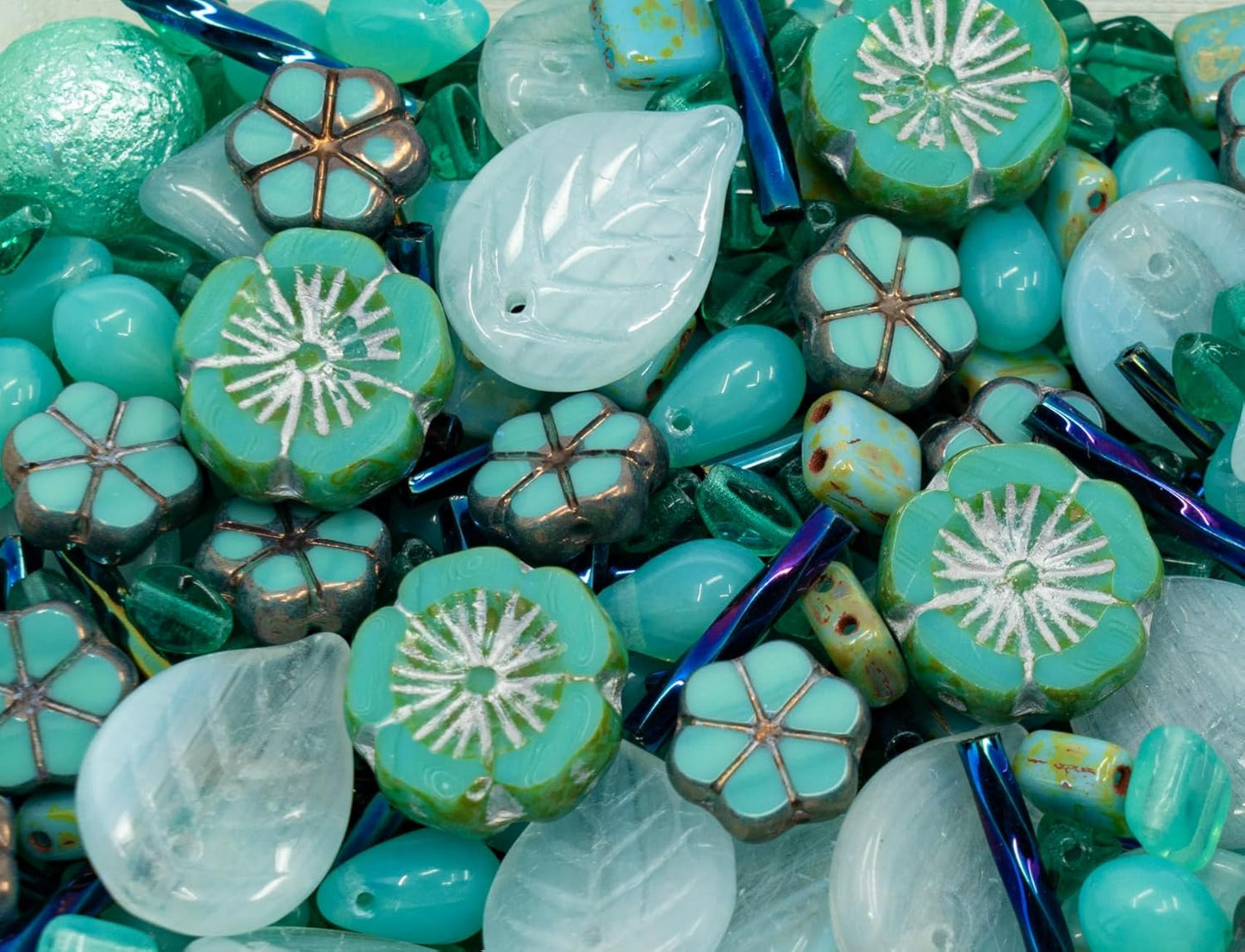 2.1oz (60 g) Mix of Unique Czech Bohemia Glass Pressed Beads, Rocailles, Opaque Turquoise Green Copper Crystal Silver, Matte and Glossy, Hand Made BCV