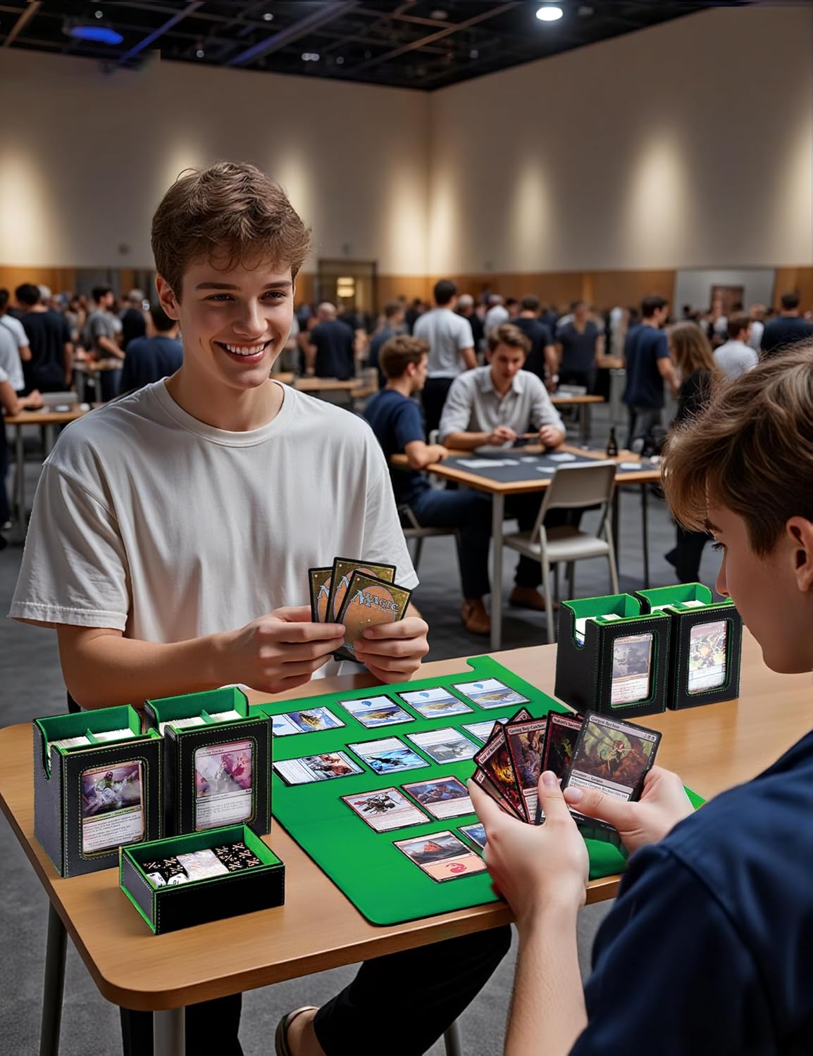 Card Deck Box for MTG with Commander Display, 5 in 1 Card Deck Case Holds 800+ Unsleeved Cards, Strong Magnet Organizer Compatible with Yugioh TCG Sports Cards (Black&Green)