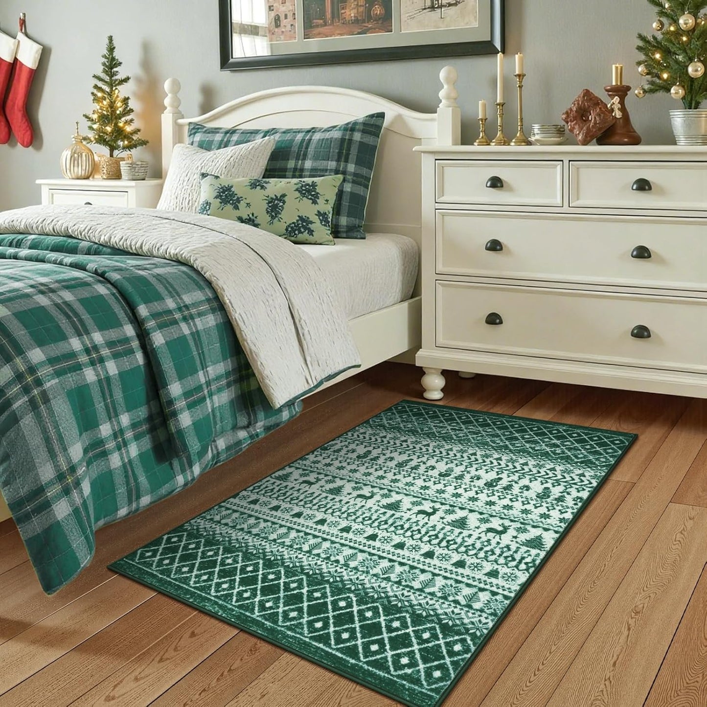 2025 Christmas Rugs for Entryway, 2x3 Washable Door Mat Indoor Entrance, Low Pile Soft Non Slip Green Kitchen Rug, Xmas Holiday Decor Floor Carpet for Bedroom Bathroom Laundry Bedside Sink