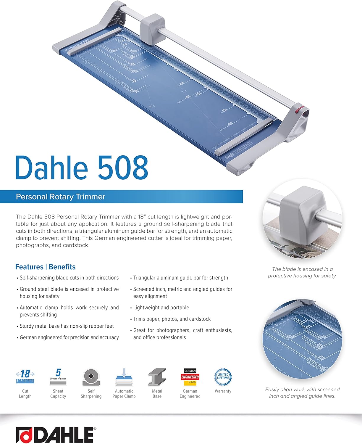 Dahle 508 Personal Rotary Trimmer, 18" Cut Length, 5 Sheet Capacity, Self-Sharpening, Automatic Clamp, German Engineered Paper Cutter