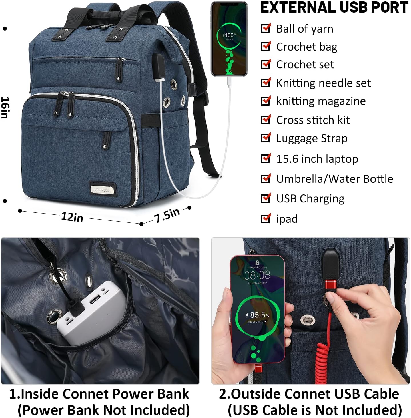 Crochet Backpack,Knitting Bag Backpack Yarn Storage Organizer Travel Crochet Bag with USB Charging Port,Large Yarn Tote Bag Yarn Holder Case for Knitting Needles,Crochet Hooks,Crochet Accessories,Blue