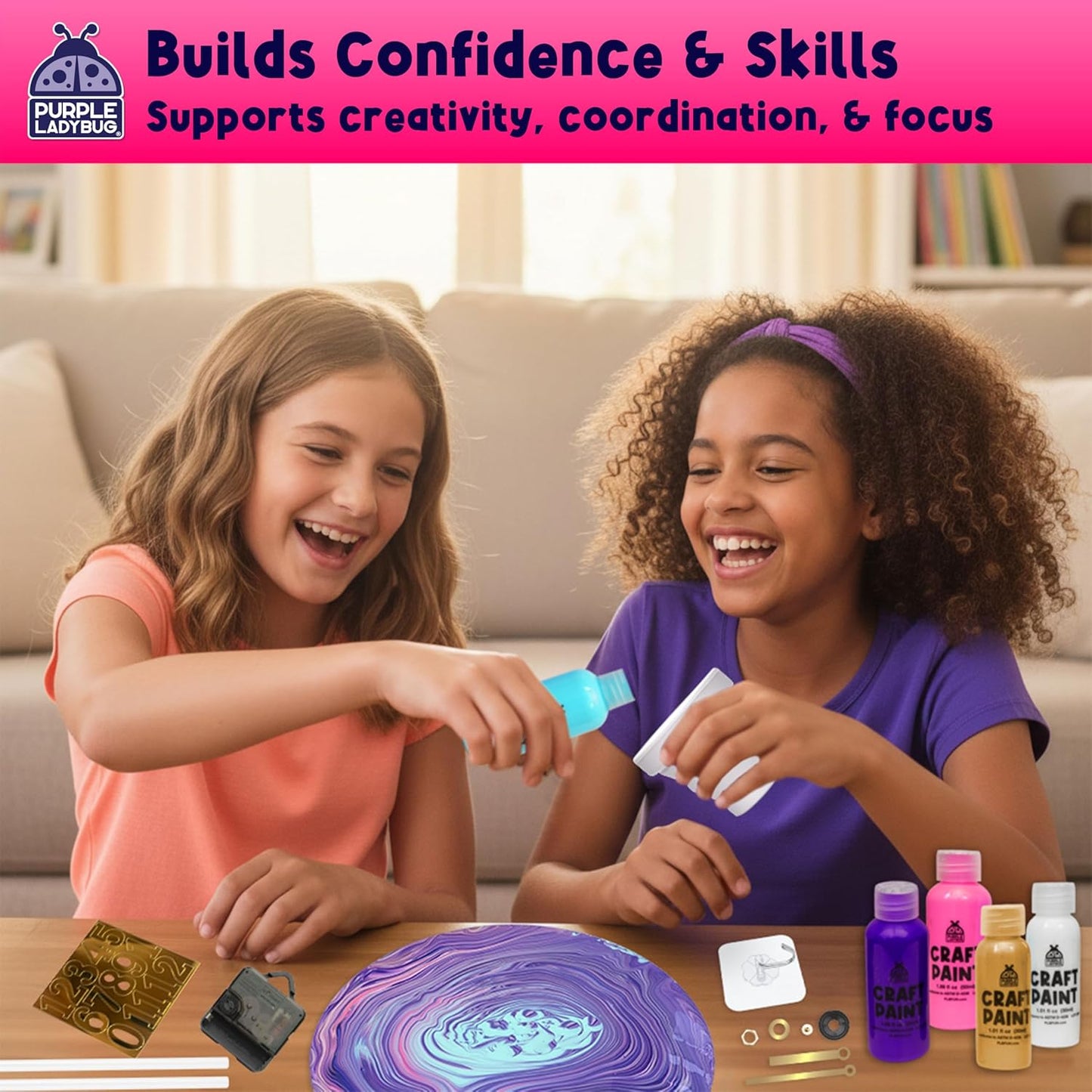 Acrylic Pouring Paint DIY Clock Kit - Creative Kids Painting Kit - 6 7 8 9 10 11 12 Year Old Girl Gift Ideas, Birthday & Christmas Gifts for 6-12 Year Old Boys & Girls - Crafts for Kids 6-8 8-12