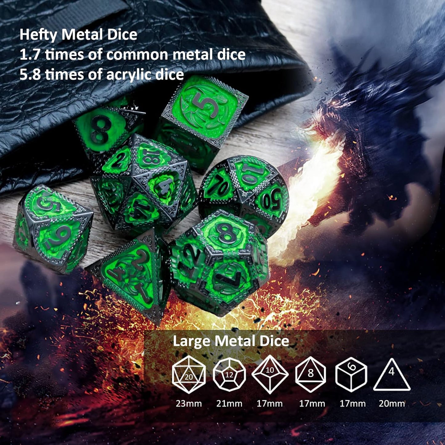 Haxtec Metal Dice Set Green Black Dragon Pattern Metal DND Dice with Leather Dice Bag Polyhedral D&D Dice Compatible with Dungeons and Dragons TTRPG Gifts