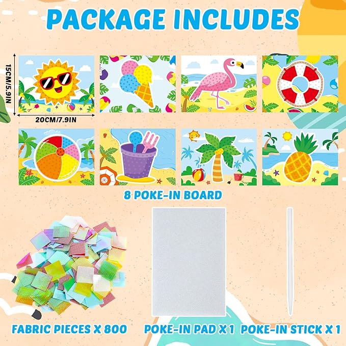 8PCS Poke-in Craft and Art Kit Summer Theme No-Mess Fabric Sewing Art Puzzle Puncture Painting DIY Beach Hawaiian Toy Gift for Creative Activity Game Birthday Party