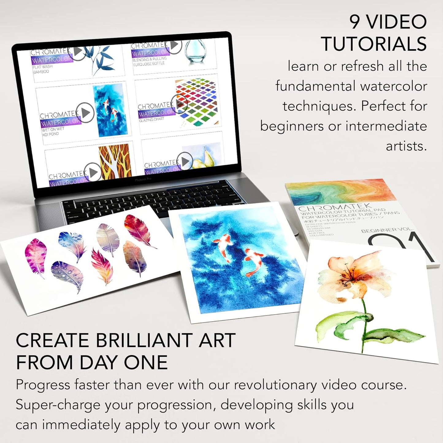 CHROMATEK Watercolor Paint Set, 84 Piece Kit, Video Tutorial Course, 48 Tubes, from Beginner to Intermediate & Professional Artists, Paper, 8 Brushes, Palette, Aquapen, Masking Tape, 12ml Tubes