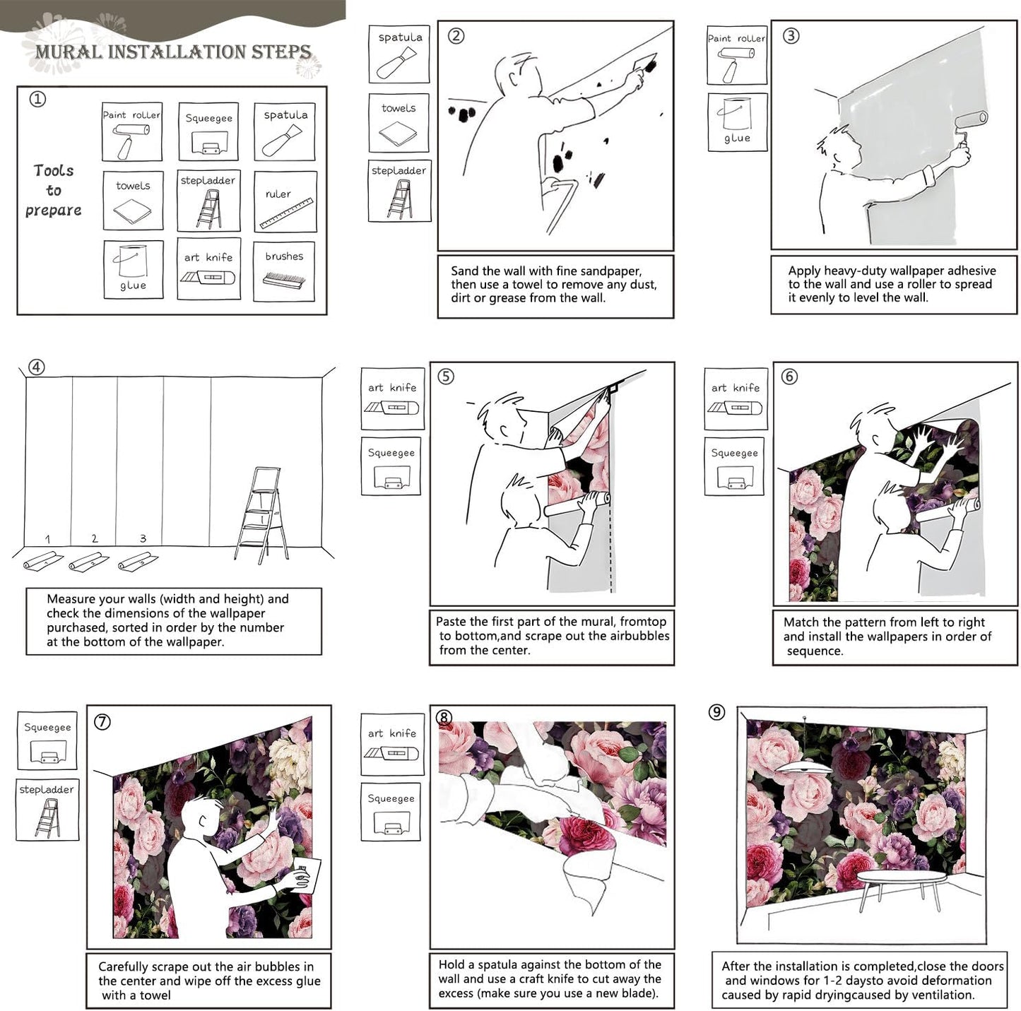 AFZEVEB-Black Watercolor Purple Peony Flower Wallpaper Wall murals for Bedroom 136"x96"(Not Peel and Stick)