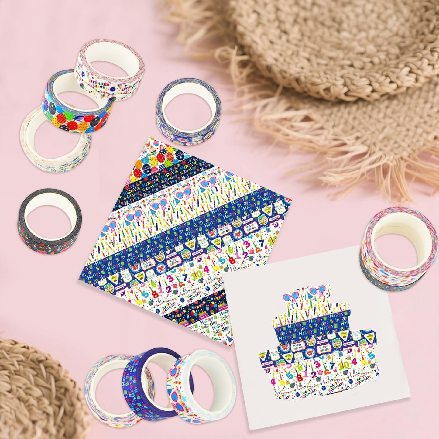 12 Rolls Happy Birthday Washi Tape, Colorful Cake Candles Masking Tapes, Balloons Birthday Hat Decorative Washi Tape for Birthday Party Gift Wrapping Scrapbooking DIY Art Crafts 16.4FT