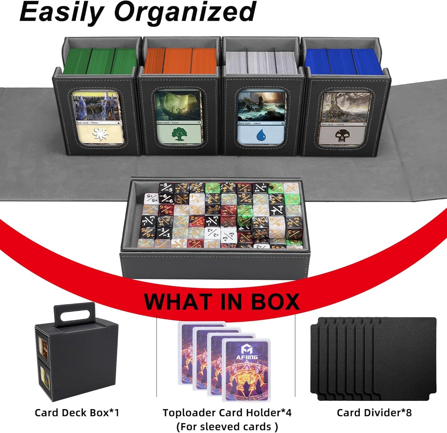 AFIING Commander Deck Box for MTG/EDH, Fits 400+ Double-Sleeved Cards, with Display Window, 4 Removable Deck Cases, Dividers, Dice Tray & Handle, Card Holders for TCG (Black Grey)