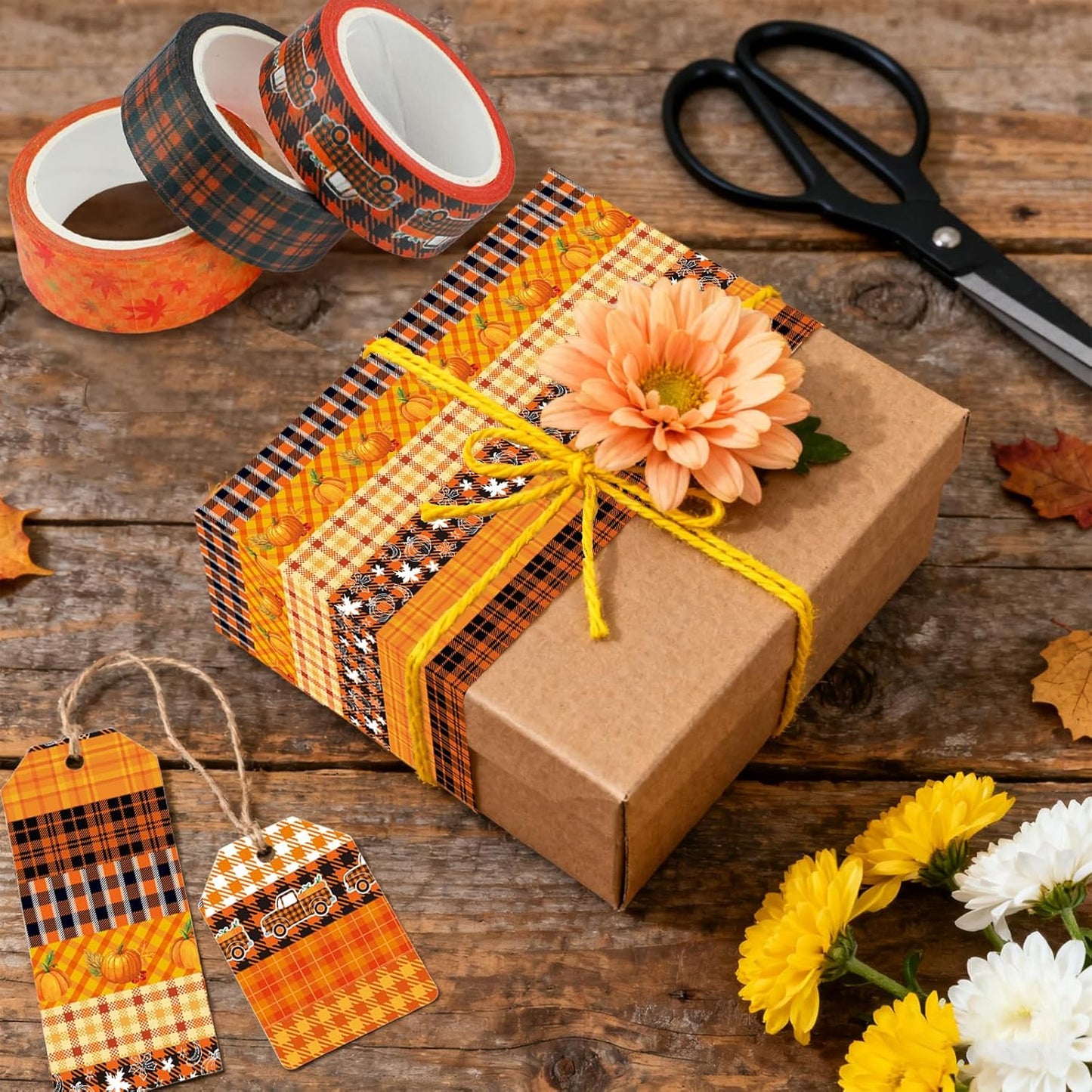 12 Rolls Autumn Washi Tape Set - Thanksgiving Theme Grid Pumpkin Maple Fall Decorative Tape for Bullet Journal, Scrapbooking, Planner, DIY Wrapping Crafts 16.4FT