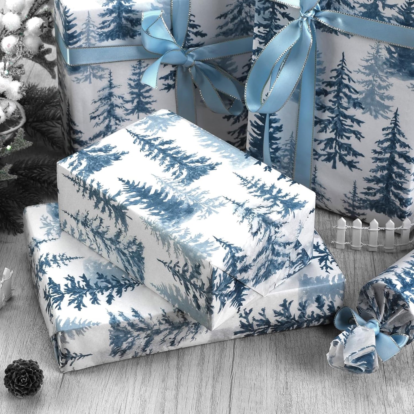 100 Sheets Christmas Tree Tissue Paper, 20x14in Forest Style Wrapping Tissue Watercolor Xmas Tree Art Tissue for Xmas Party Gift Bag Fillers Winter Party Decor (Blue)