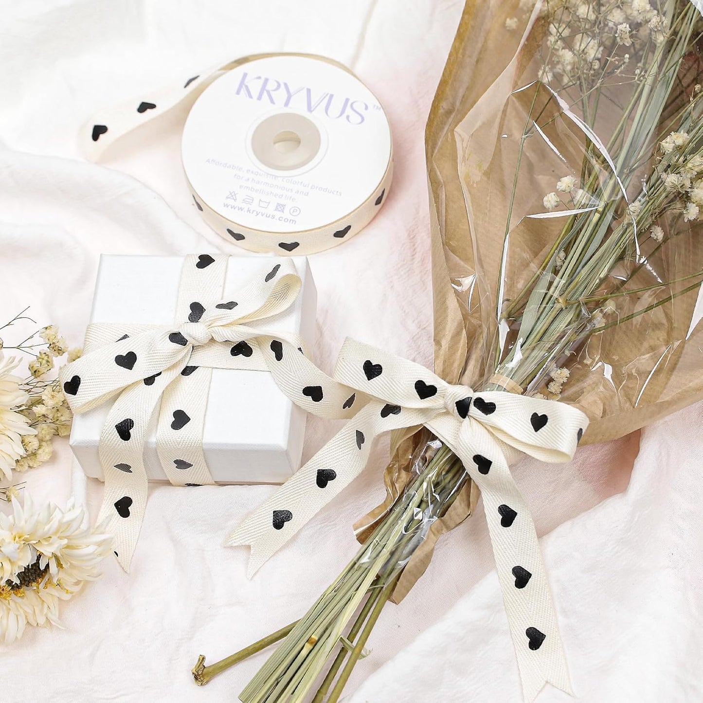 Black Hearts Ribbon - 5/8 Inch x 12 Yards Natural Twill Tape Ribbon, Cotton Herringbone Ribbons for Gift Wrapping, Birthdays, Weddings, Christmas, Anniversaries, Valentine's Day, Mother's Day