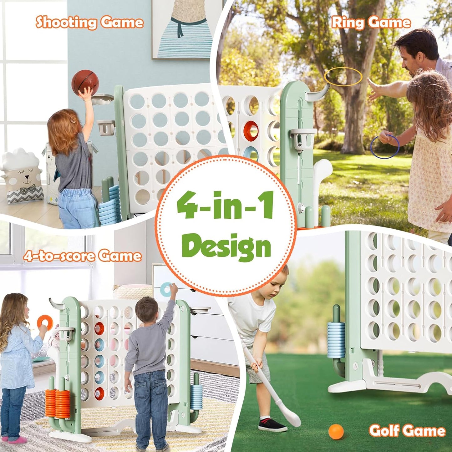 Giant 4 in a Row Connect Game with Mesh Fabric | Height Adjustable 4-in-1 Jumbo 4-to-Score Yard Game Set with Basketball, Golf & Ring Toss | Outdoor Indoor Family Yard Party Game for Kids & Adults