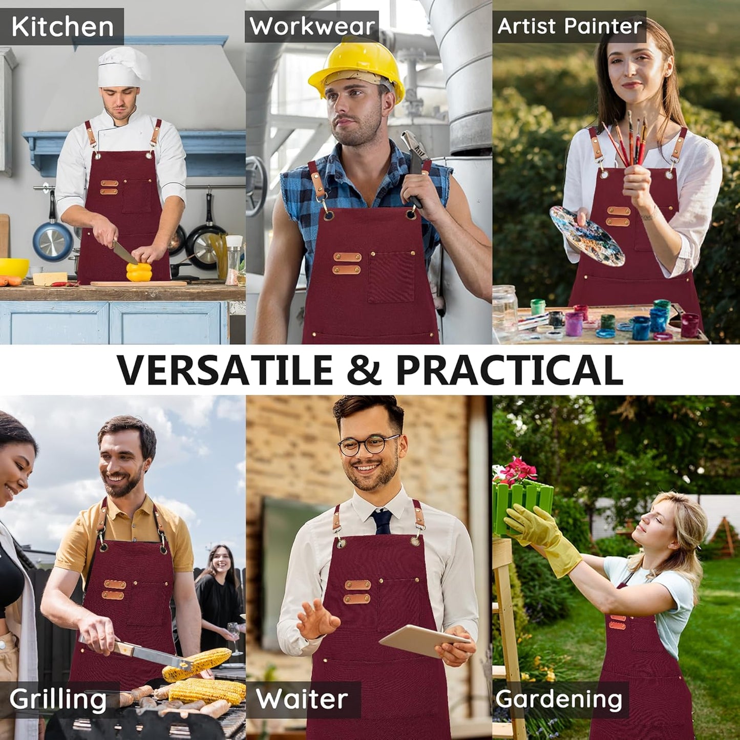 Canvas Aprons, Kitchen Chef Aprons, Work Aprons for Men Women, Adjustable Strap Aprons with 3 Pockets