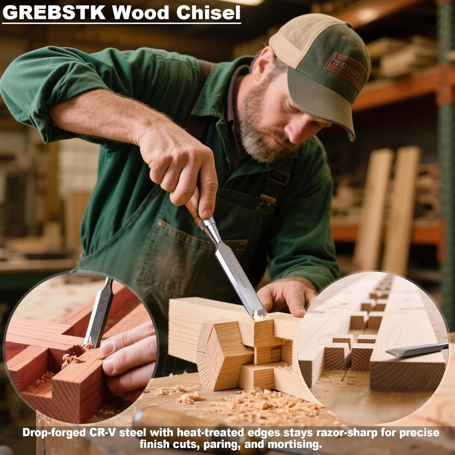 GREBSTK 4 Pcs Wood Chisel Set, CRV Steel Bevel Sharp Edge Bench Chisels with Safety Caps, Comfortful Beech Handle, for Woodworking and DIY Projects, 9.5"x(1/4", 1/2", 3/4", 1")