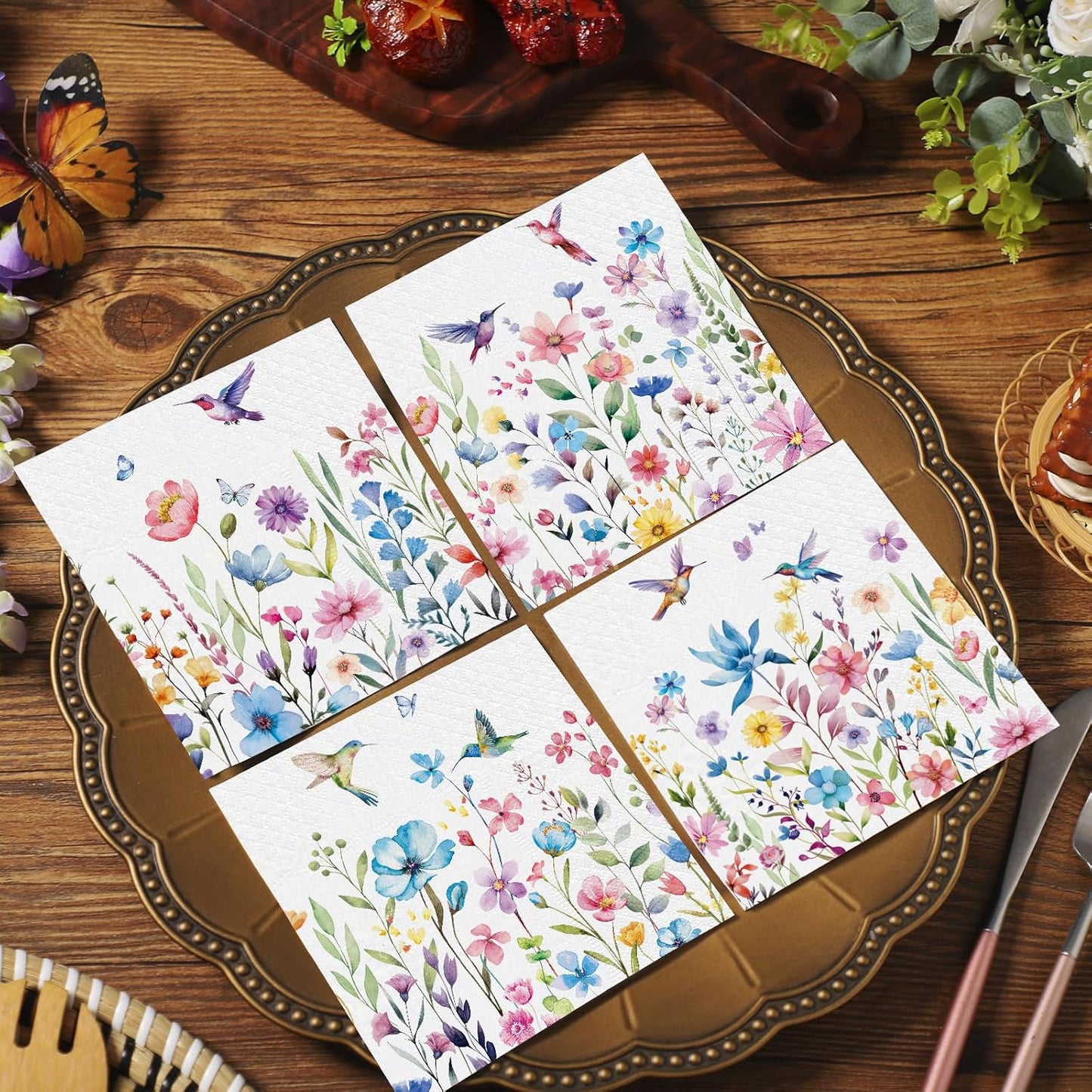 Fulmoon 200 Pieces Summer Floral Cocktail Napkins Disposable Flower Dessert Paper Napkins Bulk Wildflower Hummingbird Decoupage Beverage Towel for Summer Tea Party Dinner Table Decorative Supplies