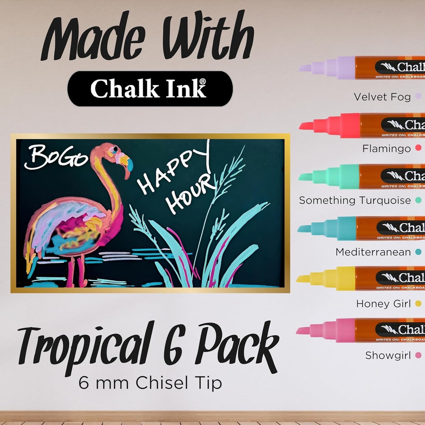 Chalk Ink Chisel Tip Wet Wipe Chalk Markers (6mm, Tropical, 6 Pack)