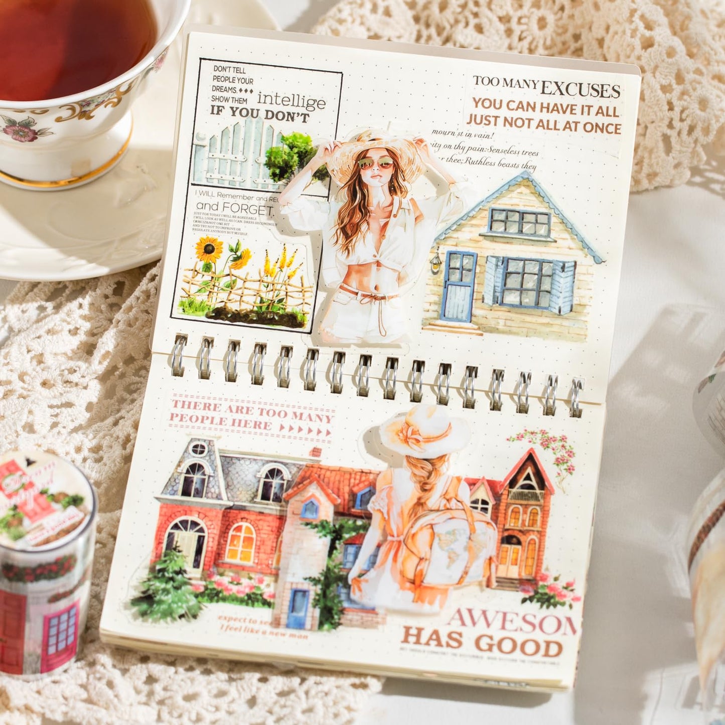 Dream Courtyard PET Tape Set, 4 Rolls of Scenic Ephemera for Junk Journaling, Scrapbooking, Crafting, DIY Projects, Diaries, and Art Supplies