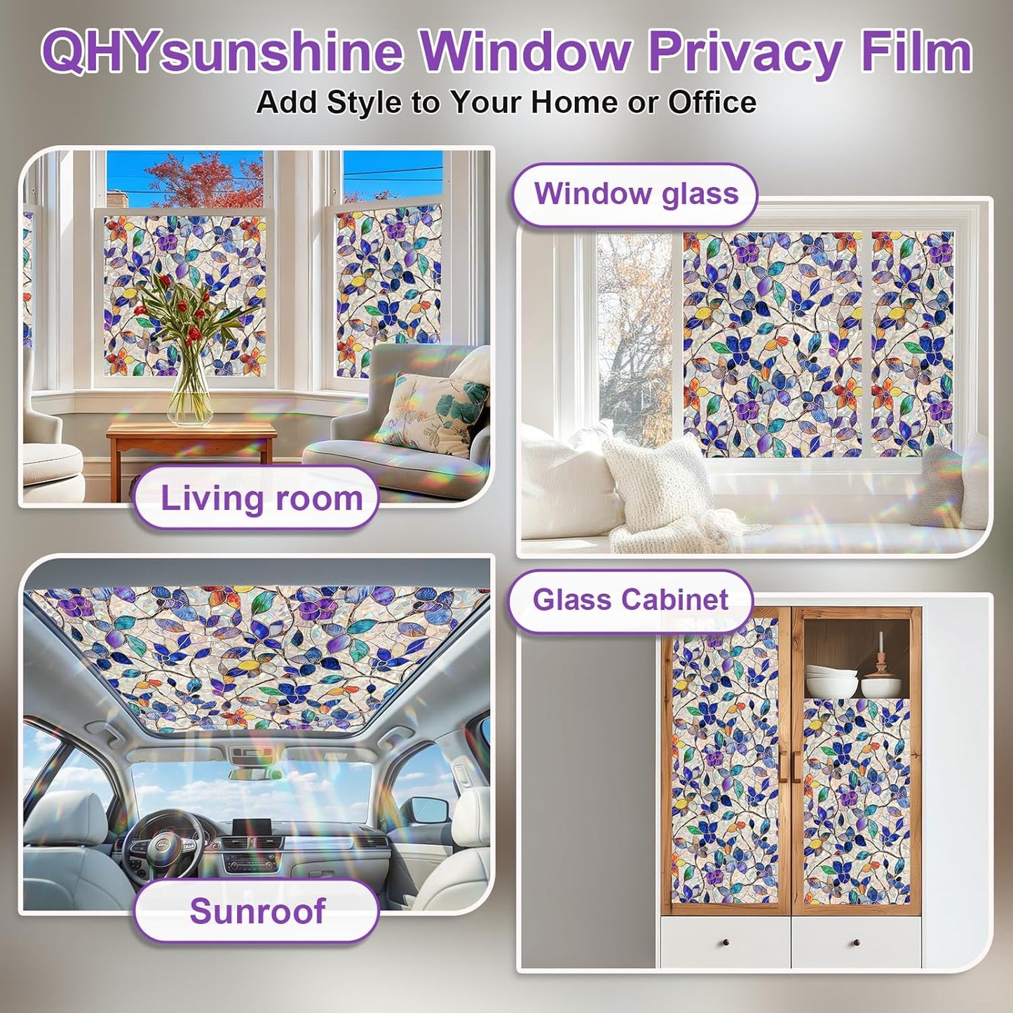 Window Privacy Film Stain Glass Window Film Rainbow Window Film Window clings Non-Adhesive Reusable Decorative for Room (Purple Rainbow, 45.2 X 78.7 in)