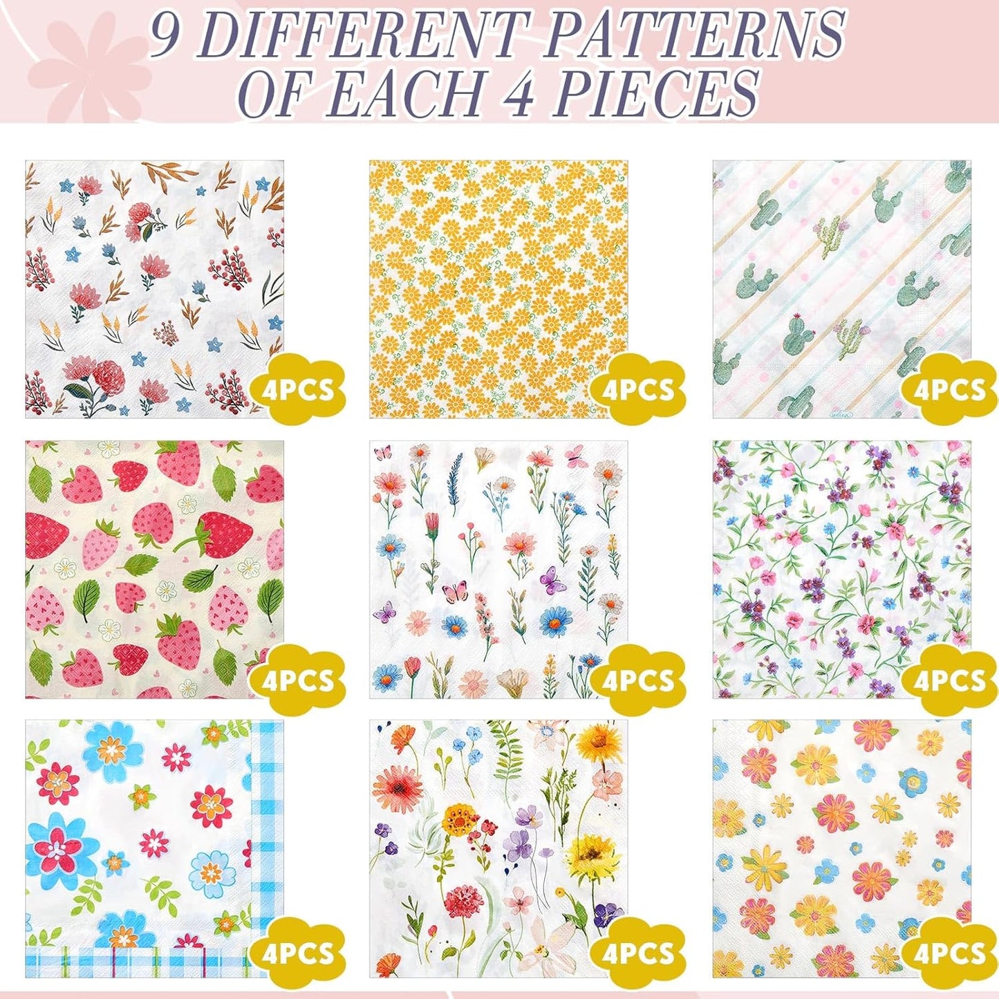 Crtiin 36 Pack 9 Styles Decoupage Napkins Assorted Floral Decorative Decoupage Napkins Chinoiserie Cocktail Paper for DIY Crafting Birthday Party, Each Unfolded 13 Inch (Little Colorful Floral)