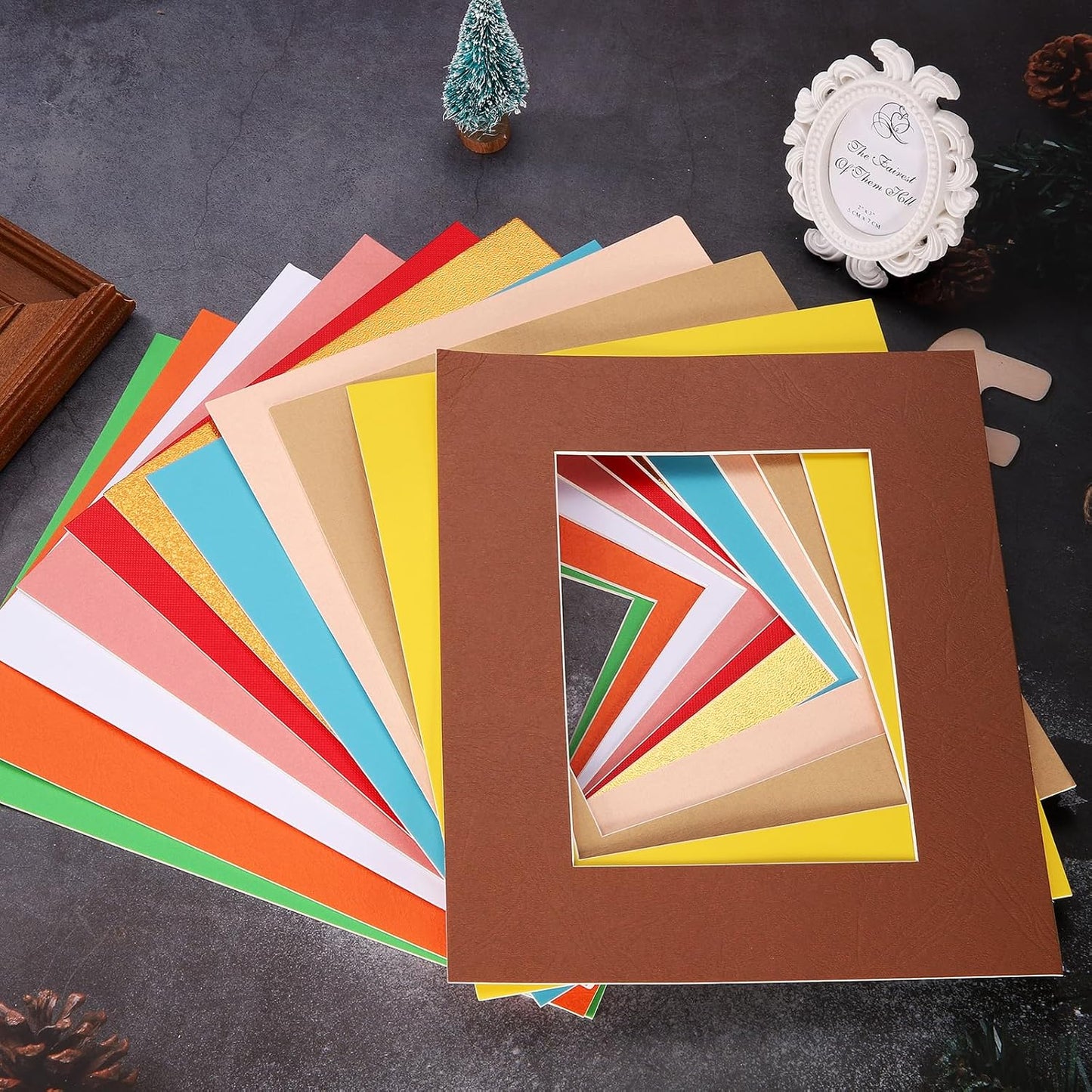 Picture Mats, 8 x 10 for 5 x 7 Pictures Acid Free White Core Bevel Cut Frame Mattes for Display Art Measuring, Kraft Paper Color