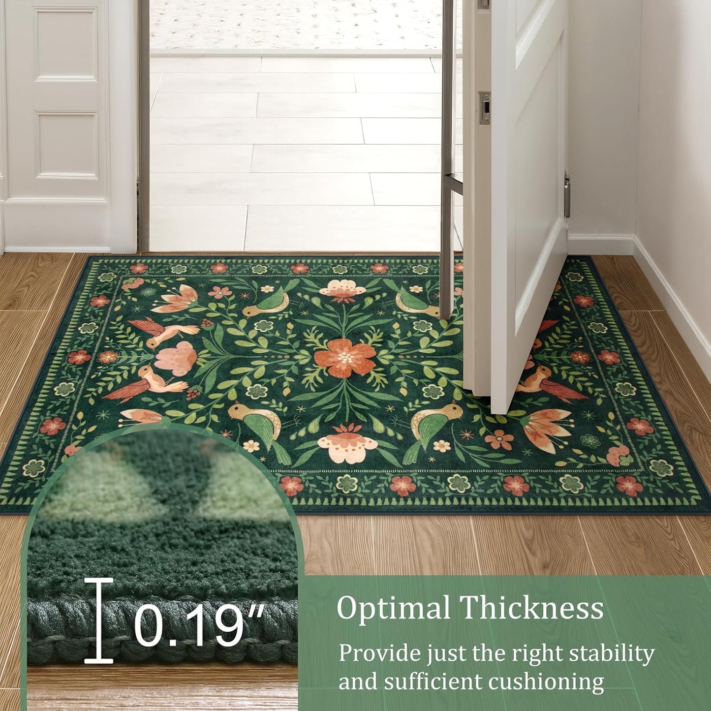 Morebes Green Boho 8x10 Area Rugs for Living Room, Washable Floral Rug for Bedroom Non Slip, Soft Ultra-Thin Distressed Flower Birds Indoor Carpet for Farmhouse Classroom Kids Nursery